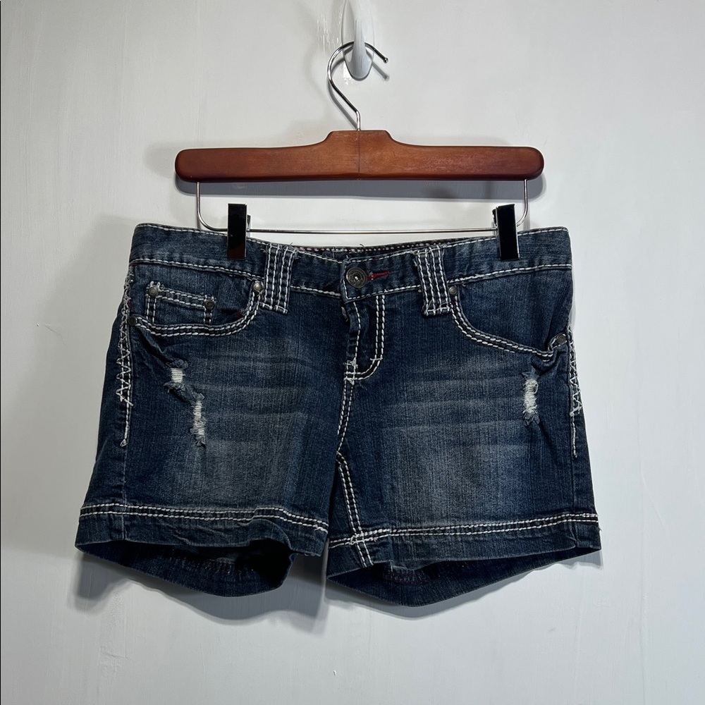 Maurices Women’s Dark Blue Low Rise Distressed Jean Shorts Size 3/4